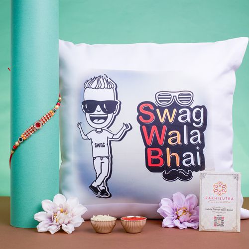 Elegant AD Rakhi N Printed Cushion Combo