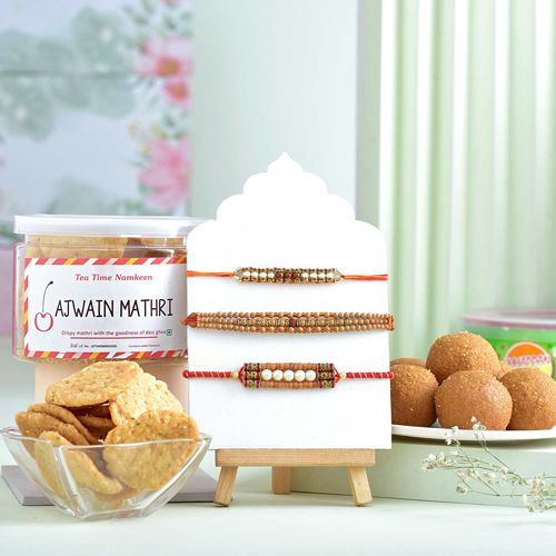 Designer Rakhi Trio with Festive Treat Box